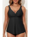 Black Crossed V Neck Adjustable Strap Babydoll Tankini Top - XL