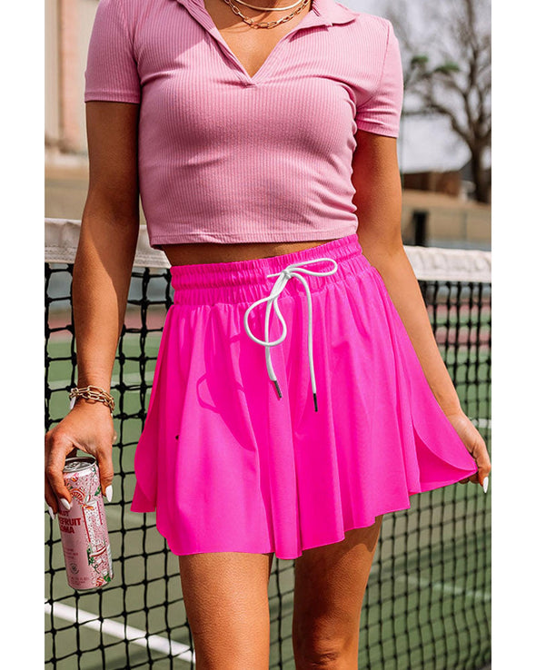 Rose Red Drawstring Elastic Waist Lined Ruffle Shorts Bikini Bottom - XL