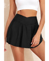 Black Solid Pocketed Crossover High Waist Swim Skort - S