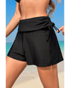 Black Drawstring Ruched High Waist Loose Swim Shorts - L