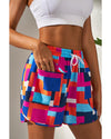 Rose Geometric Printed Drawstring Waist Beach Shorts with Pockets - L