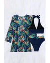 Black 3pcs Tropical Contrast Trim Halter Bikini Set with Cover up - M