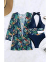 Black 3pcs Tropical Contrast Trim Halter Bikini Set with Cover up - M