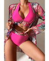 Rose Red 3pcs Tropical Contrast Trim Halter Bikini Set with Cover up - S