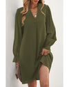 Azura Exchange Green Split V Neck Ruffled Sleeves Shirt Dress - L