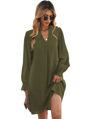 Azura Exchange Green Split V Neck Ruffled Sleeves Shirt Dress - XL