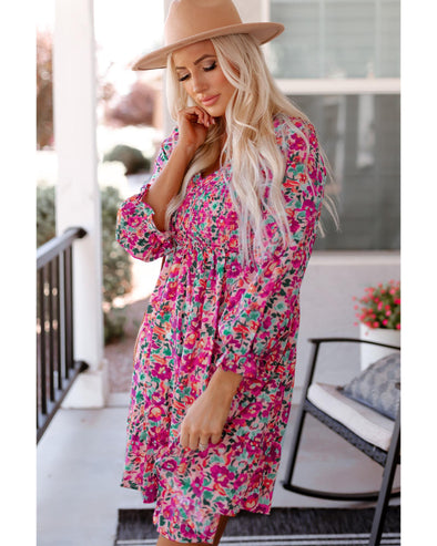 Purple Smocked V Neck Puffy Sleeve Floral Dress - M