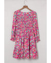 Purple Smocked V Neck Puffy Sleeve Floral Dress - M
