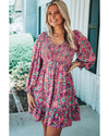 Purple Smocked V Neck Puffy Sleeve Floral Dress - M