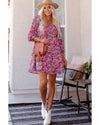 Purple Smocked V Neck Puffy Sleeve Floral Dress - M