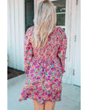Purple Smocked V Neck Puffy Sleeve Floral Dress - M