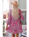Purple Smocked V Neck Puffy Sleeve Floral Dress - M