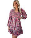 Purple Smocked V Neck Puffy Sleeve Floral Dress - S