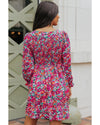 Purple Smocked V Neck Puffy Sleeve Floral Dress - S