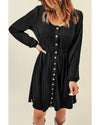 Black Button Up High Waist Long Sleeve Dress - XL