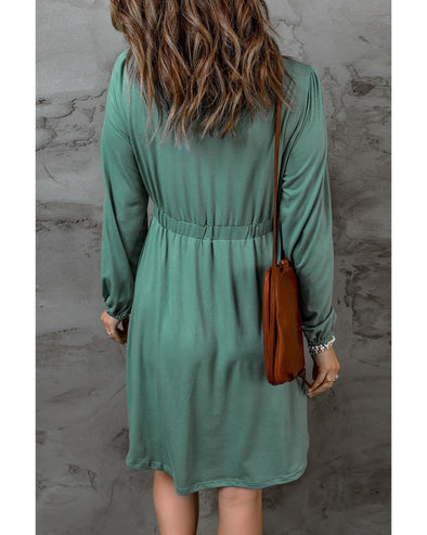 Green Button Up High Waist Long Sleeve Dress - 2XL