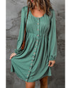 Green Button Up High Waist Long Sleeve Dress - M
