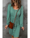 Green Button Up High Waist Long Sleeve Dress - M
