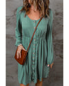 Green Button Up High Waist Long Sleeve Dress - M