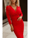 Fiery Red Long Sleeves Wrap V Neck Ruched Sheath Bodycon Dress - L