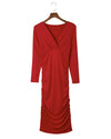 Fiery Red Long Sleeves Wrap V Neck Ruched Sheath Bodycon Dress - L