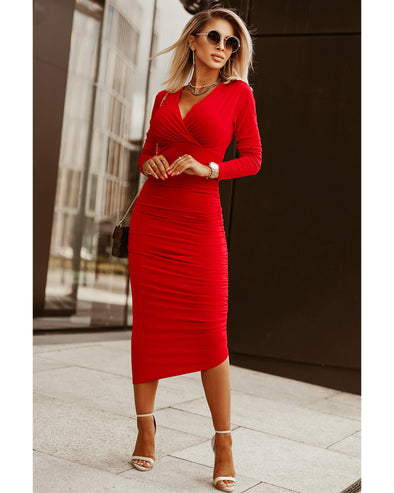 Fiery Red Long Sleeves Wrap V Neck Ruched Sheath Bodycon Dress - M