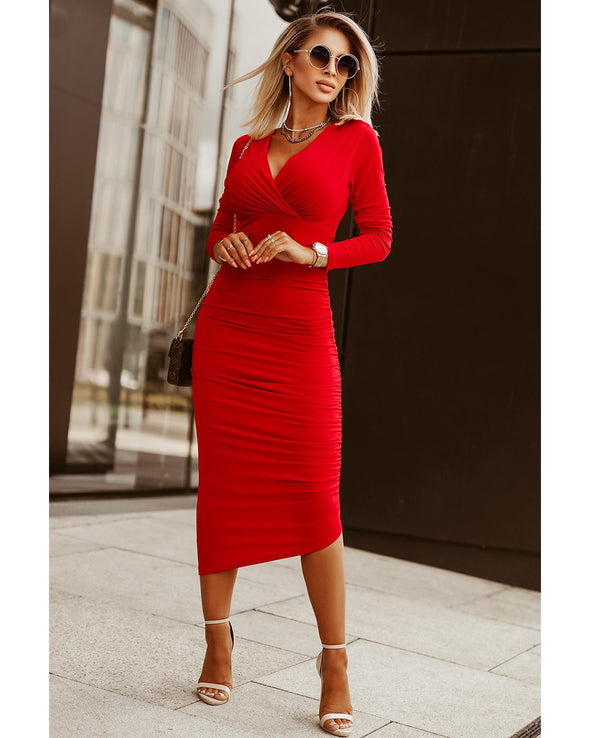 Fiery Red Long Sleeves Wrap V Neck Ruched Sheath Bodycon Dress - M