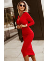 Fiery Red Long Sleeves Wrap V Neck Ruched Sheath Bodycon Dress - M