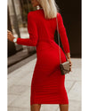 Fiery Red Long Sleeves Wrap V Neck Ruched Sheath Bodycon Dress - M