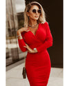 Fiery Red Long Sleeves Wrap V Neck Ruched Sheath Bodycon Dress - M