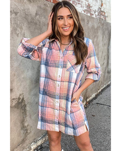 Azura Exchange Pink Plaid Roll-tab Sleeve Side Slit Shirt Dress - S
