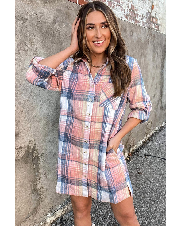 Azura Exchange Pink Plaid Roll-tab Sleeve Side Slit Shirt Dress - S