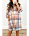 Azura Exchange Pink Plaid Roll-tab Sleeve Side Slit Shirt Dress - S