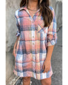 Azura Exchange Pink Plaid Roll-tab Sleeve Side Slit Shirt Dress - S