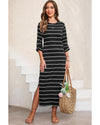 Black Striped Casual Slit Long Dress - L