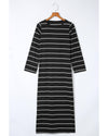 Black Striped Casual Slit Long Dress - M