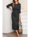 Black Striped Casual Slit Long Dress - M
