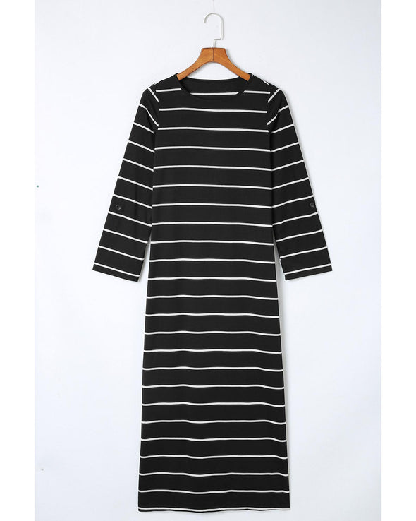 Black Striped Casual Slit Long Dress - S