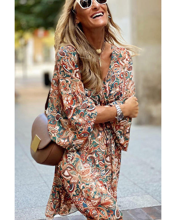 Brown Geometric Print Long Sleeve Surplice Flowy Dress - M