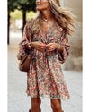 Brown Geometric Print Long Sleeve Surplice Flowy Dress - M
