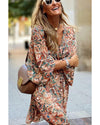 Brown Geometric Print Long Sleeve Surplice Flowy Dress - S