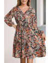 Brown Geometric Print Long Sleeve Surplice Flowy Dress - S