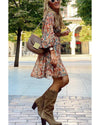 Brown Geometric Print Long Sleeve Surplice Flowy Dress - S