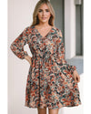 Brown Geometric Print Long Sleeve Surplice Flowy Dress - S