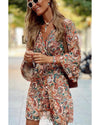 Brown Geometric Print Long Sleeve Surplice Flowy Dress - XL
