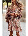 Brown Geometric Print Long Sleeve Surplice Flowy Dress - XL
