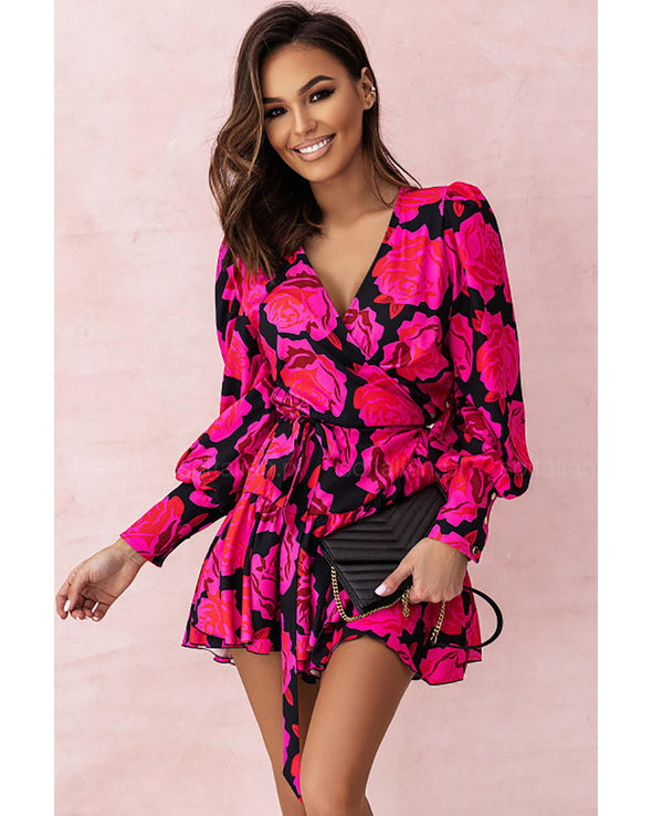 Rose Floral Print V Neck Wrap Bishop Sleeve Ruffle Tiered Mini Dress - L