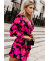 Rose Floral Print V Neck Wrap Bishop Sleeve Ruffle Tiered Mini Dress - L