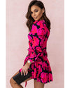 Rose Floral Print V Neck Wrap Bishop Sleeve Ruffle Tiered Mini Dress - M