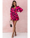 Rose Floral Print V Neck Wrap Bishop Sleeve Ruffle Tiered Mini Dress - M